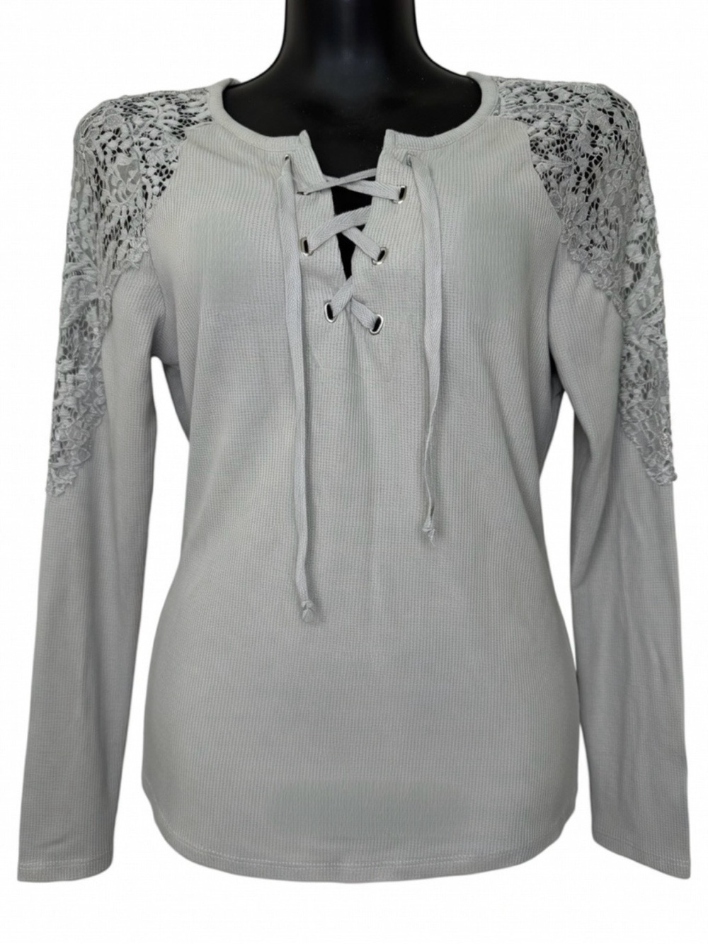 VENUS Lace-Shoulder Lace-Up Long Sleeve Top - Light Gray